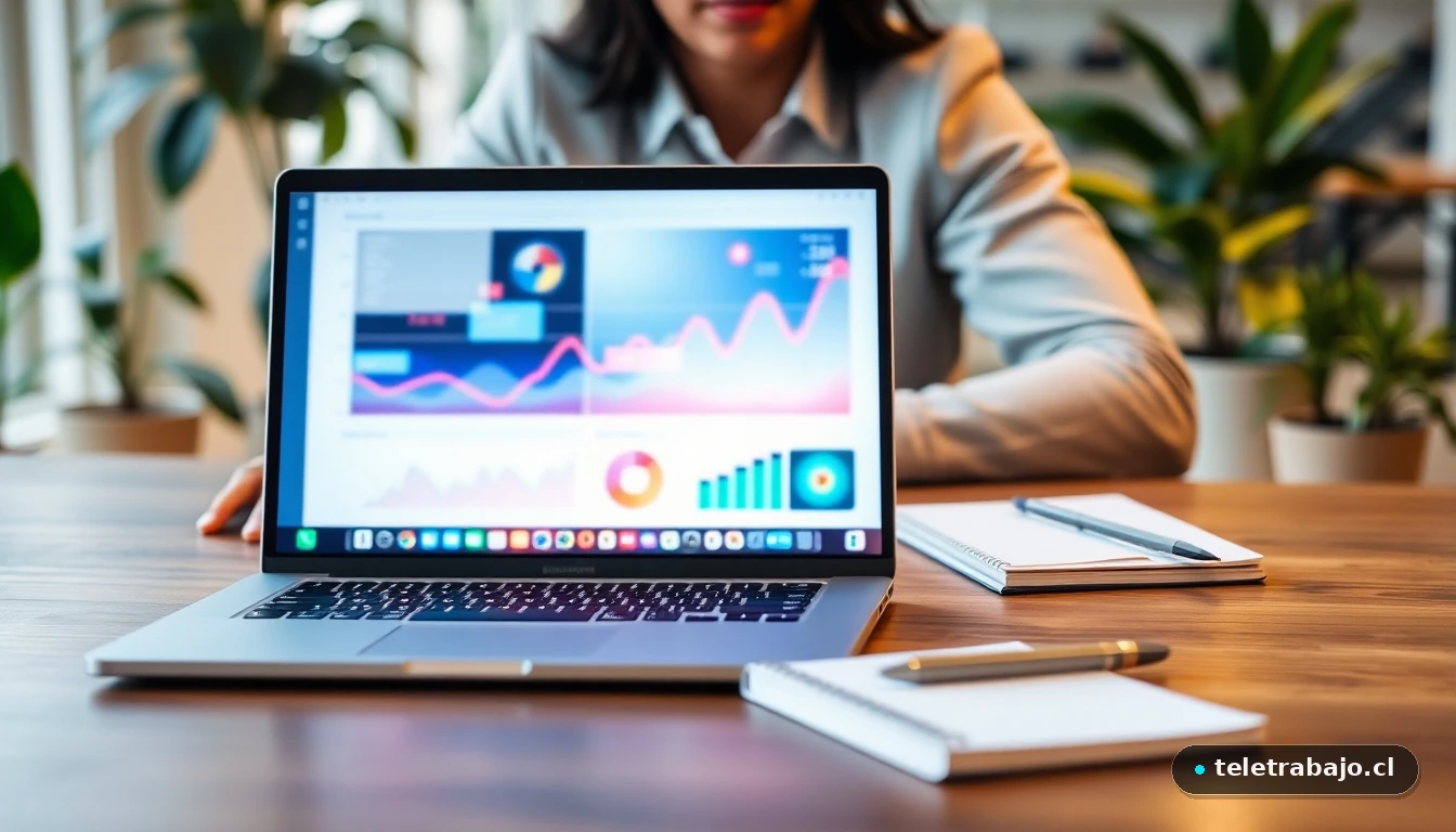 Profesional hispano preparándose para una entrevista de trabajo con gráficos de datos abstractos en su portátil.