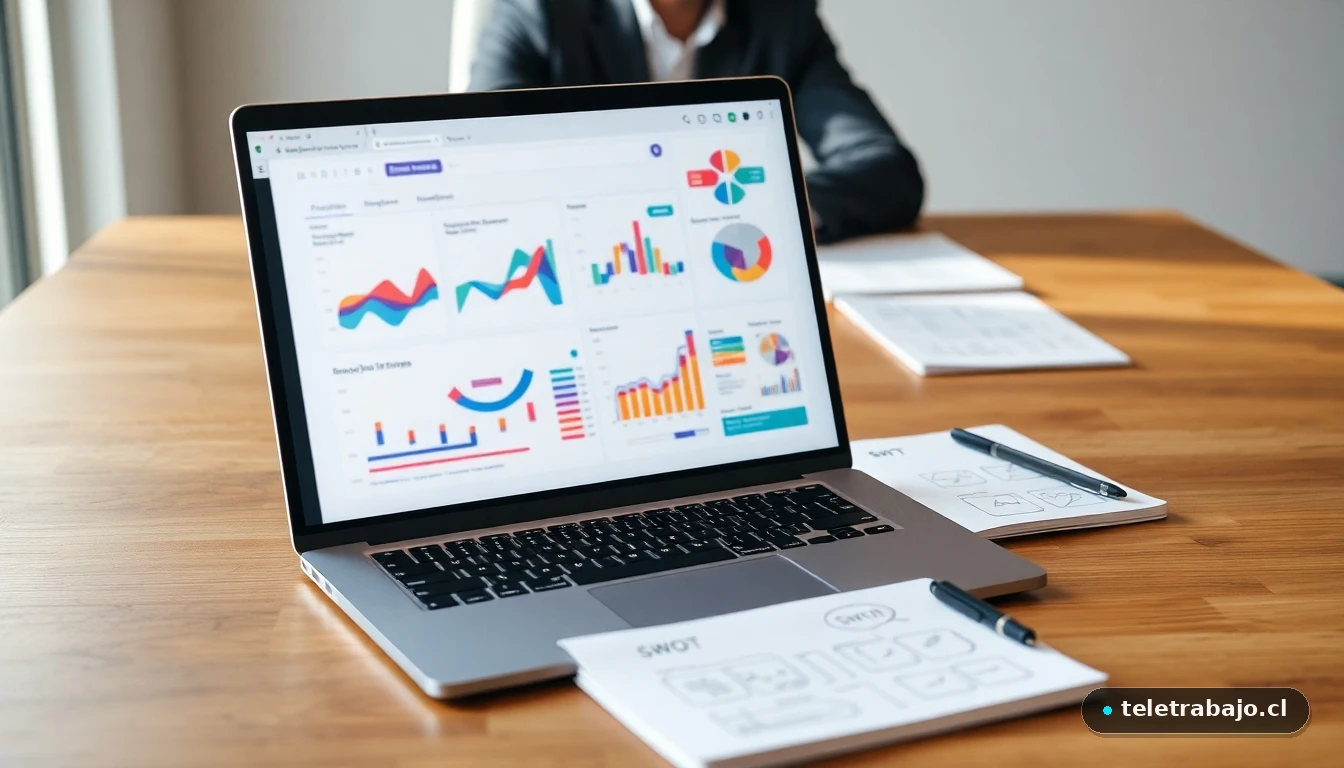 Portátil mostrando gráficos abstractos de análisis DAFO personal en un escritorio moderno para preparar una entrevista de trabajo.