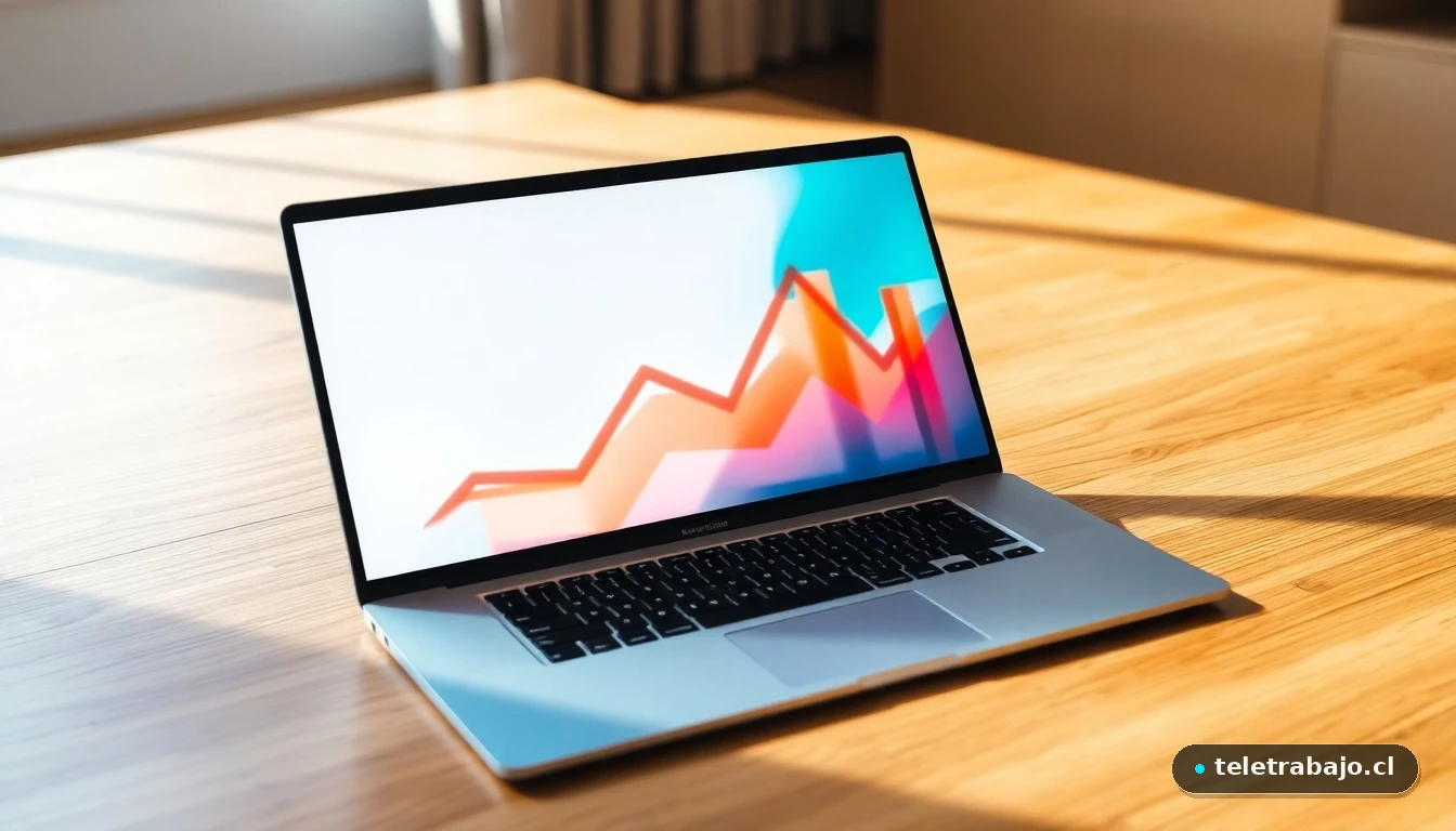 Portátil mostrando gráficos abstractos de una presentación personal profesional en un escritorio moderno.