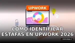Una guía visual sobre cómo identificar estafas y proyectos fraudulentos en la plataforma de trabajo freelance Upwork en 2026.
