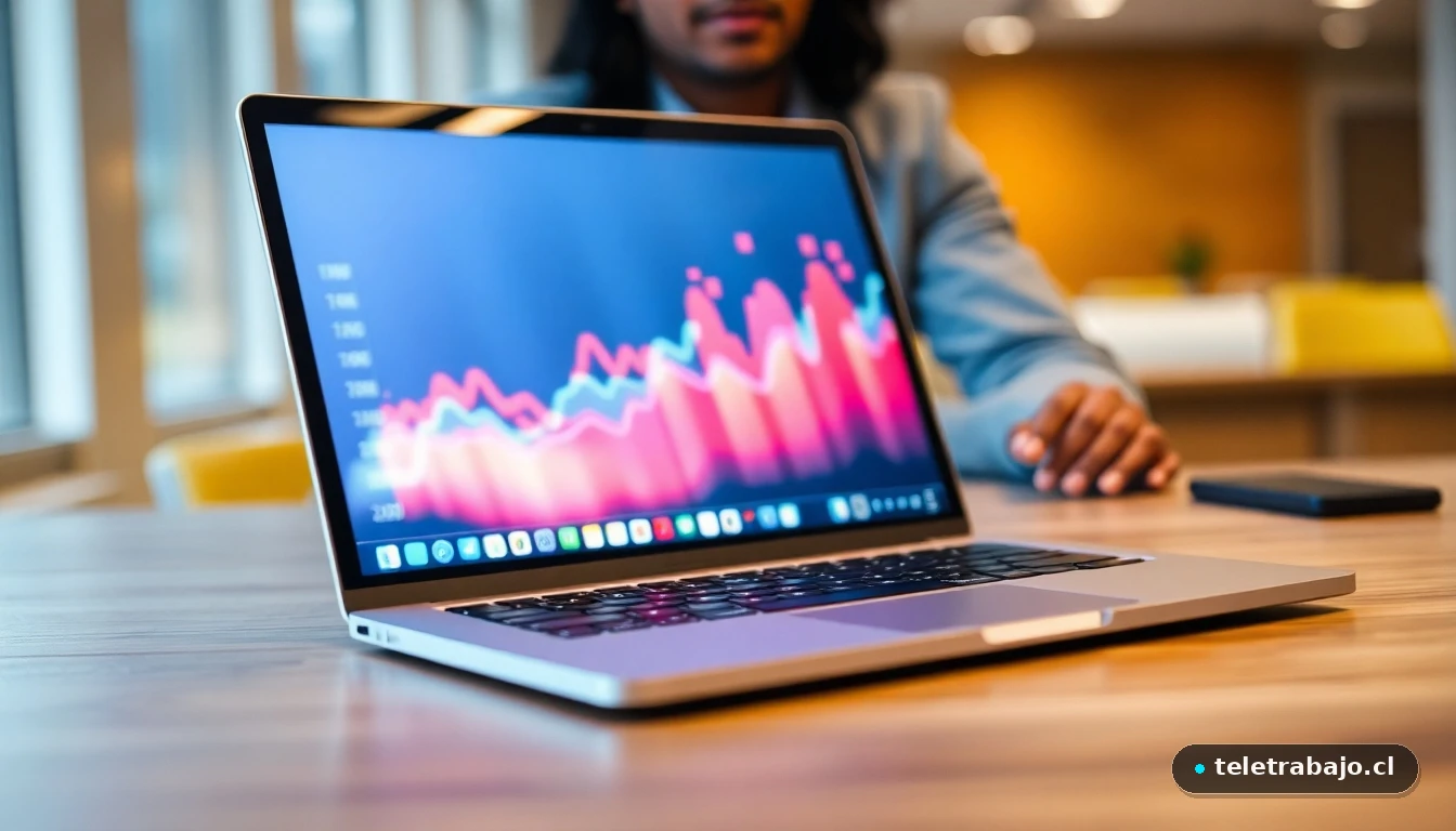 Laptop mostrando gráficos abstractos de colores para representar el análisis de ofertas de trabajo fraudulentas.