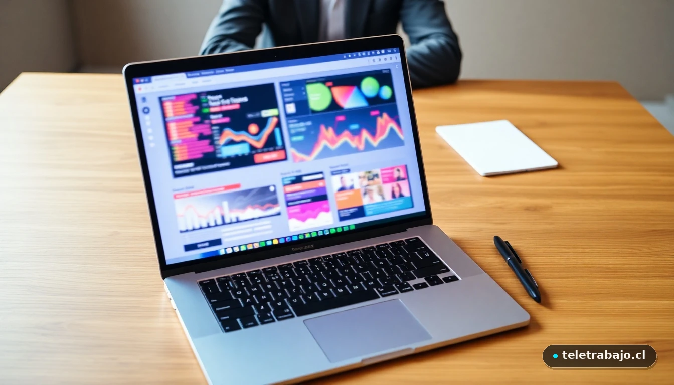 Persona preparando una entrevista de trabajo con un portátil mostrando gráficos de datos abstractos en un escritorio moderno