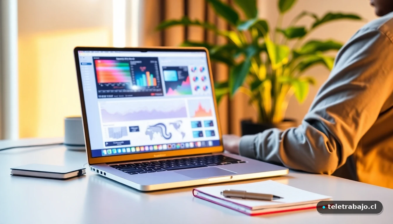 Persona trabajando en su portátil en una oficina en casa, planificando su cambio de carrera profesional con gráficos de datos en pantalla.