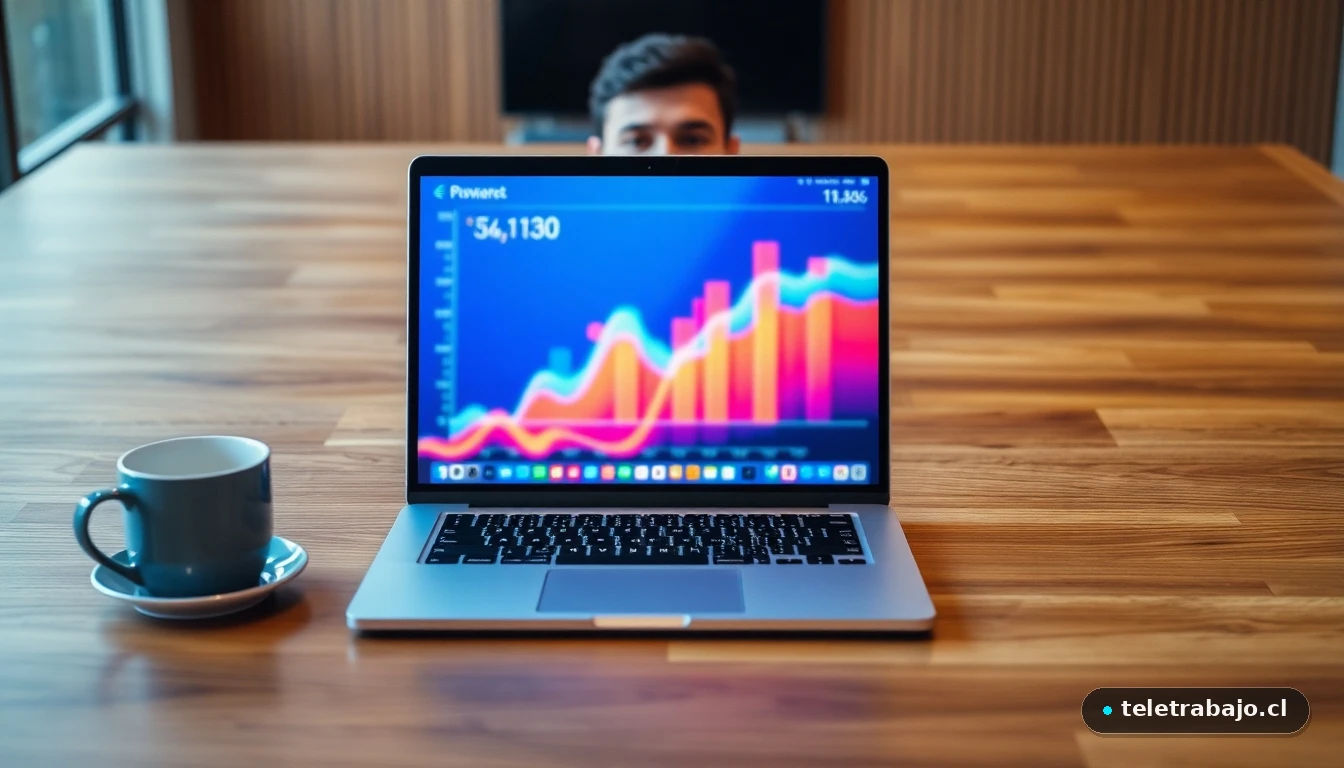 Profesional hispano en una oficina moderna de 2026, con gráficos de datos en pantalla, representando comunicación efectiva.