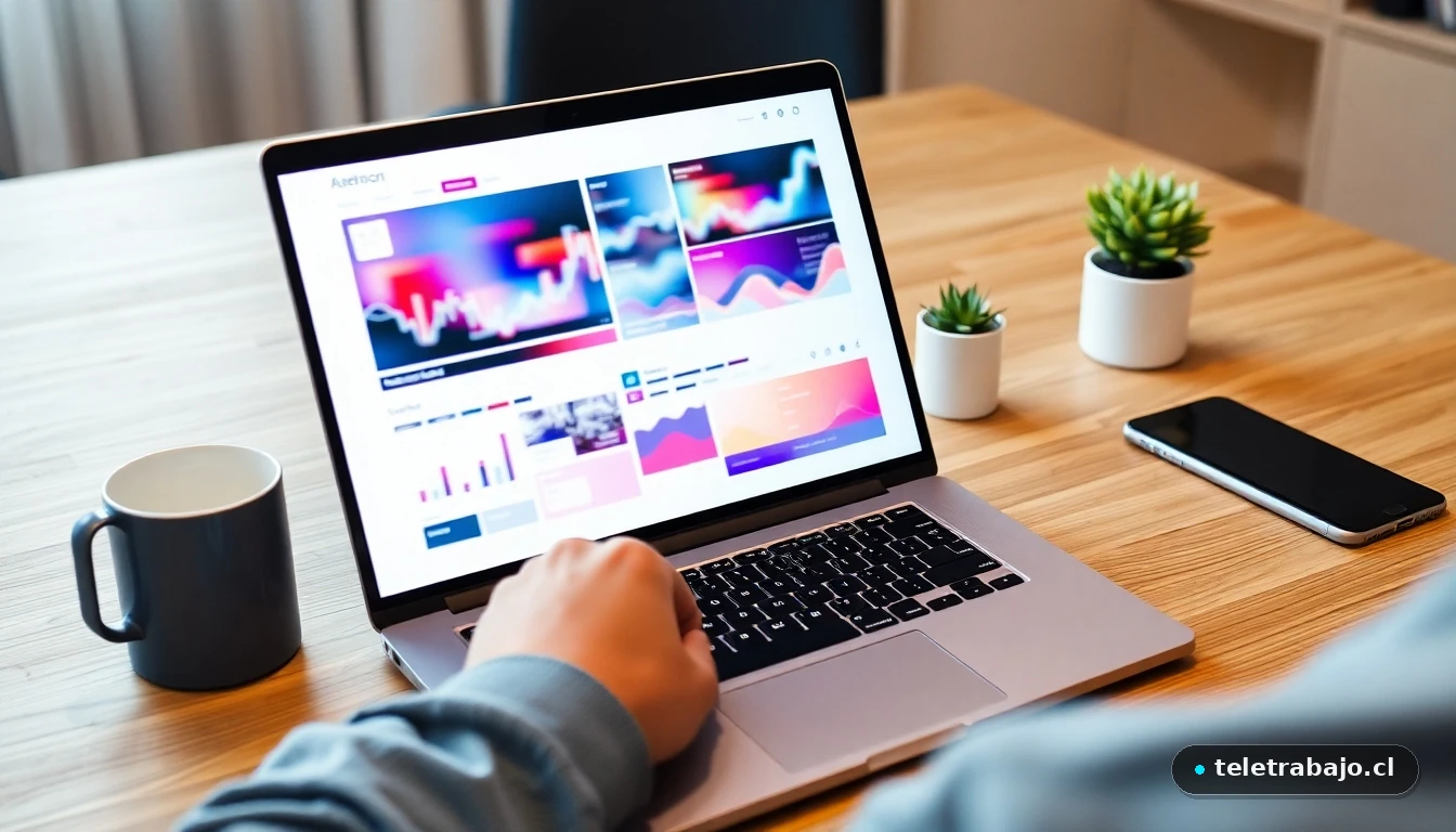 Portátil mostrando gráficos de datos sobre productividad y conciliación en un escritorio moderno.