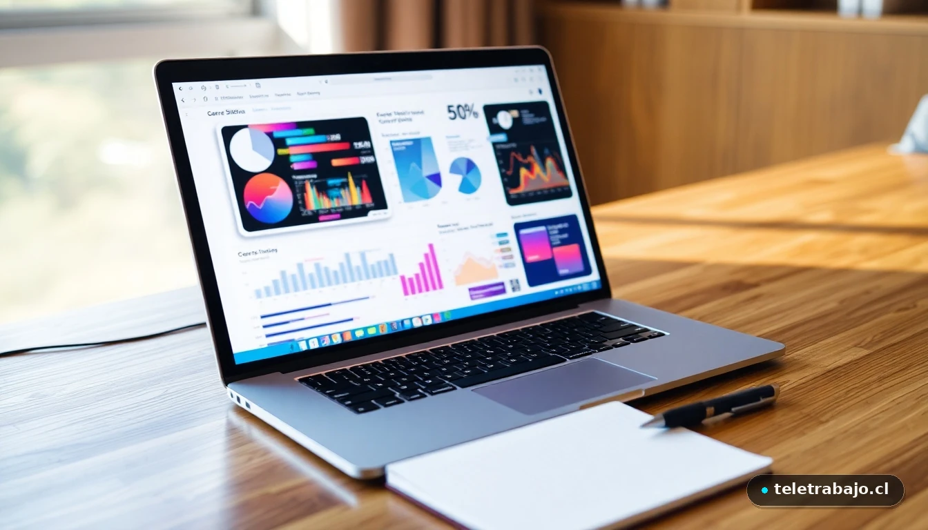Laptop mostrando gráficos de datos sobre carreras profesionales y oportunidades laborales en la Armada de Chile.