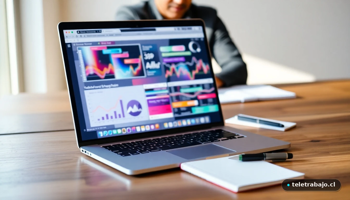 Persona planificando su búsqueda de empleo en un portátil con gráficos de habilidades y oportunidades laborales