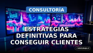 Consultoría remota 2026: estrategias modernas para clientes en una oficina virtual con pantallas de datos abstractos.