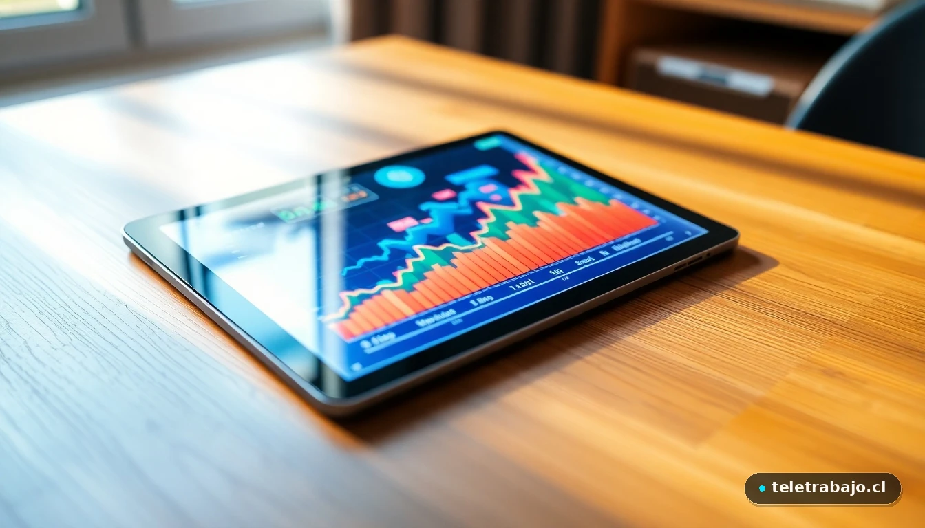Visualización abstracta de datos de crecimiento económico y empleo en una tableta sobre una mesa de madera.