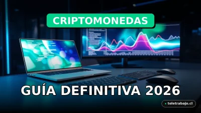 Guía definitiva sobre criptomonedas y trabajo remoto en 2026, mostrando un escritorio tecnológico futurista con gráficos abstractos.