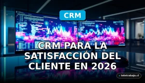 Representación visual abstracta de un software CRM moderno y datos de satisfacción del cliente en una oficina corporativa futurista.