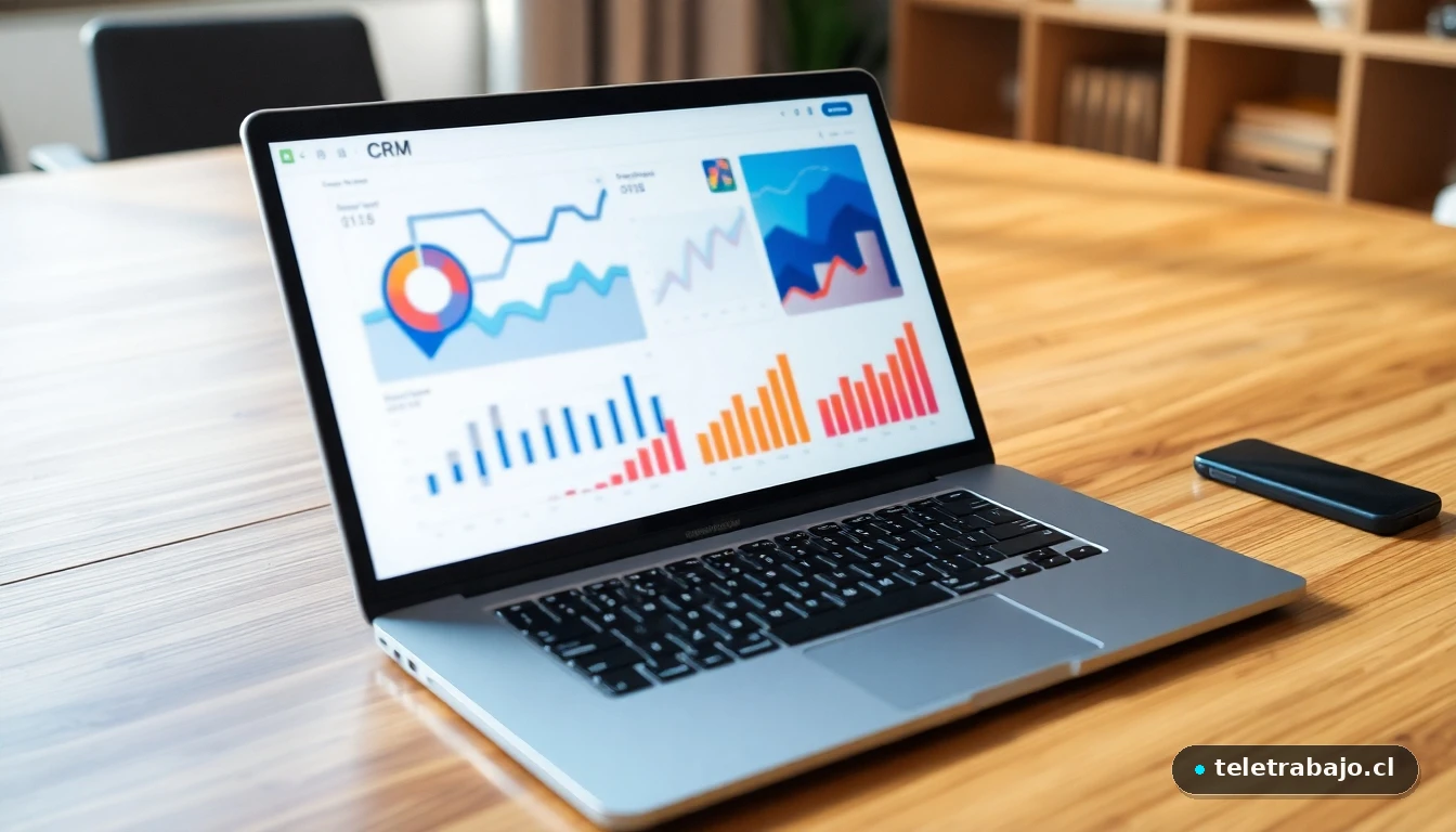 Pantalla de ordenador mostrando gráficos abstractos de datos de un sistema CRM moderno en un escritorio de trabajo.