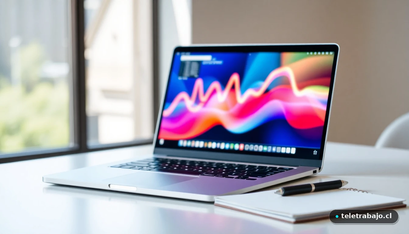 Laptop en escritorio moderno mostrando gráficos abstractos de datos, representando análisis y liderazgo estratégico.