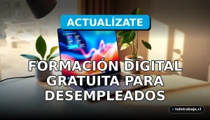 Un escritorio moderno de oficina en casa con un portátil mostrando gráficos abstractos, iluminación cálida y plantas, representando formación digital gratuita para desempleados.