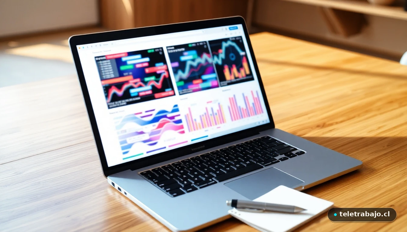 Portátil mostrando gráficos de análisis de datos abstractos y coloridos en un escritorio, representando formación en habilidades digitales.