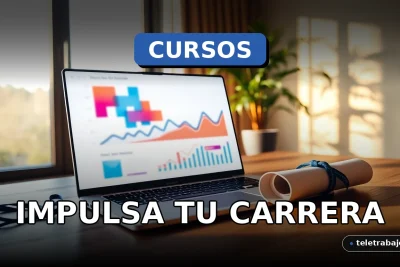 Un certificado profesional sobre un escritorio moderno junto a una laptop mostrando gráficos abstractos, simbolizando cursos de formación online.