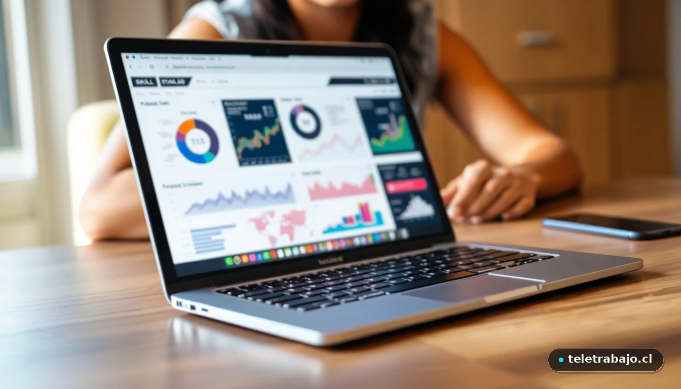 Persona utilizando un portátil para acceder a plataformas de cursos online con certificados, viendo gráficos de progreso.