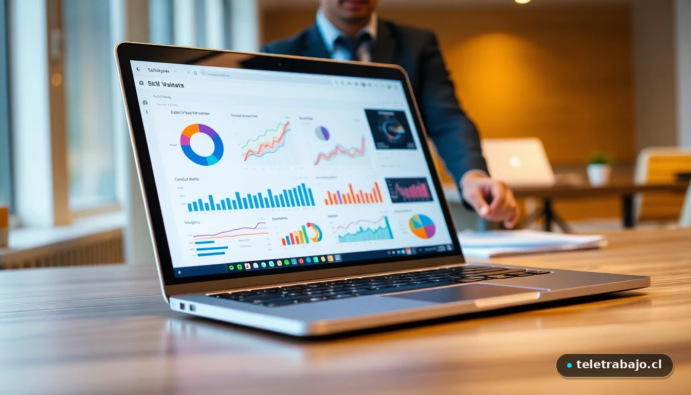 Persona utilizando un portátil para analizar datos de empleabilidad y formación profesional en una oficina moderna.