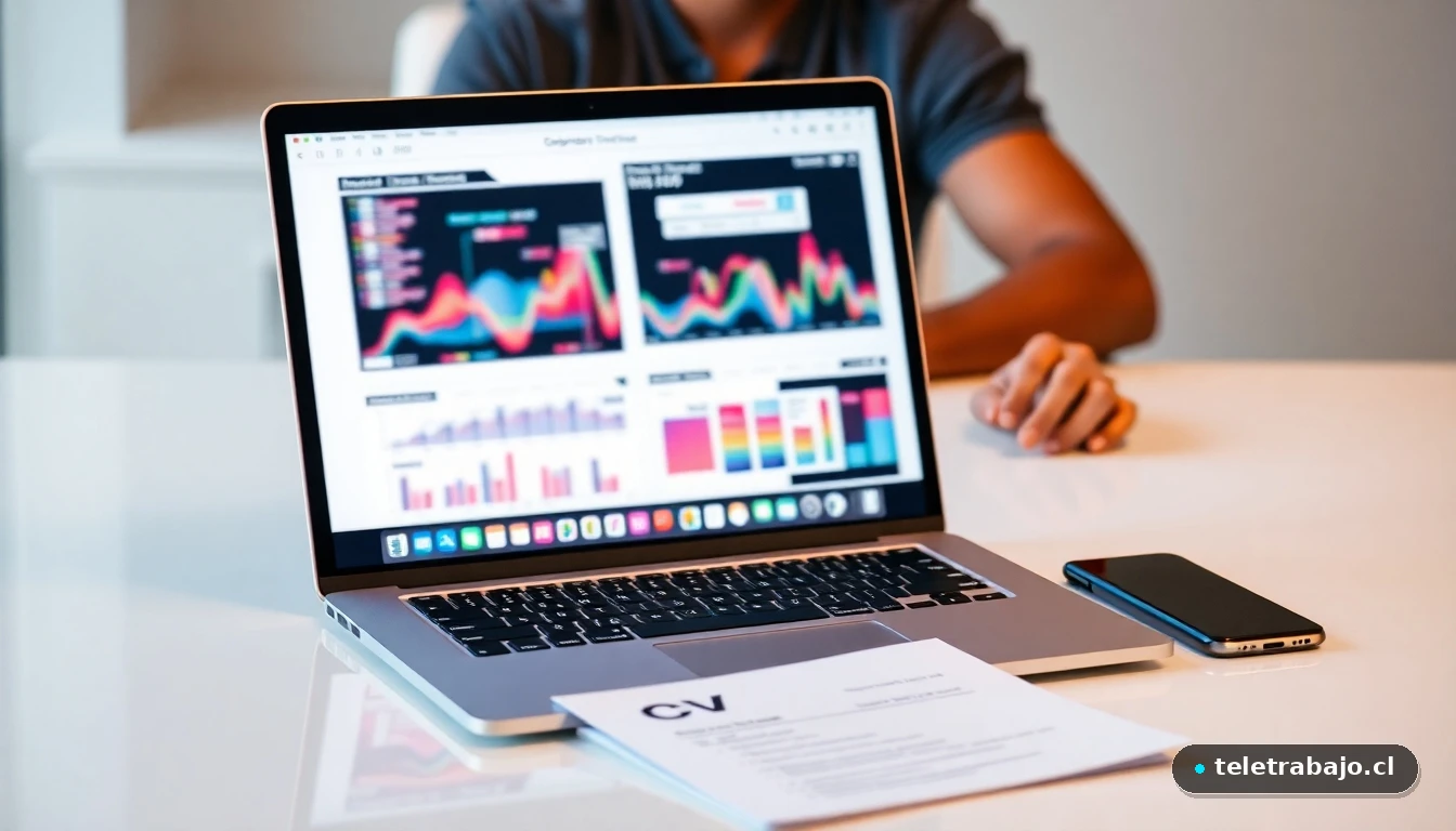 CV profesional sobre escritorio moderno con gráficos de colores en la pantalla del portátil.