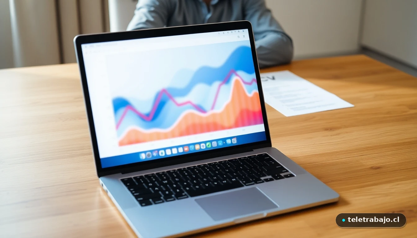 Ejemplo visual de un currículum moderno para freelancers junto a un portátil mostrando gráficos de datos abstractos.