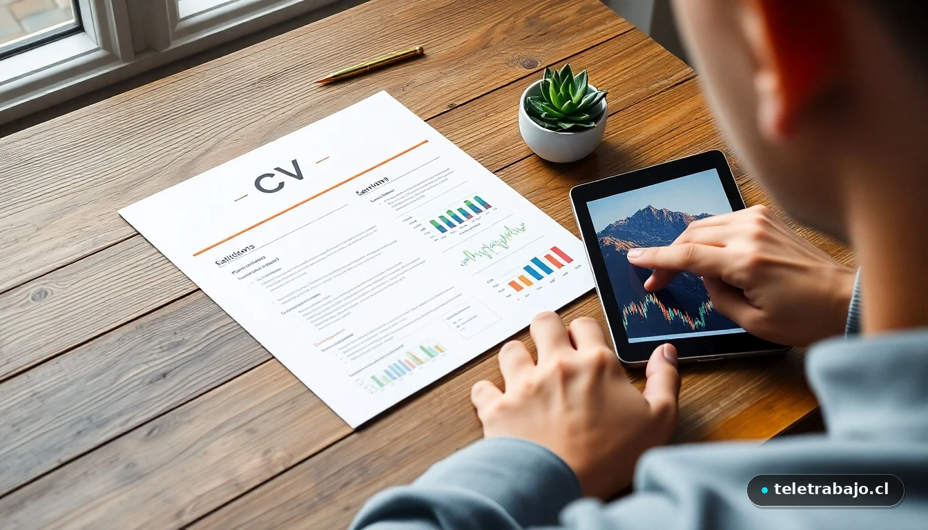 Ejemplo visual de un currículum vitae moderno y minimalista para primer empleo, sobre una mesa de trabajo.