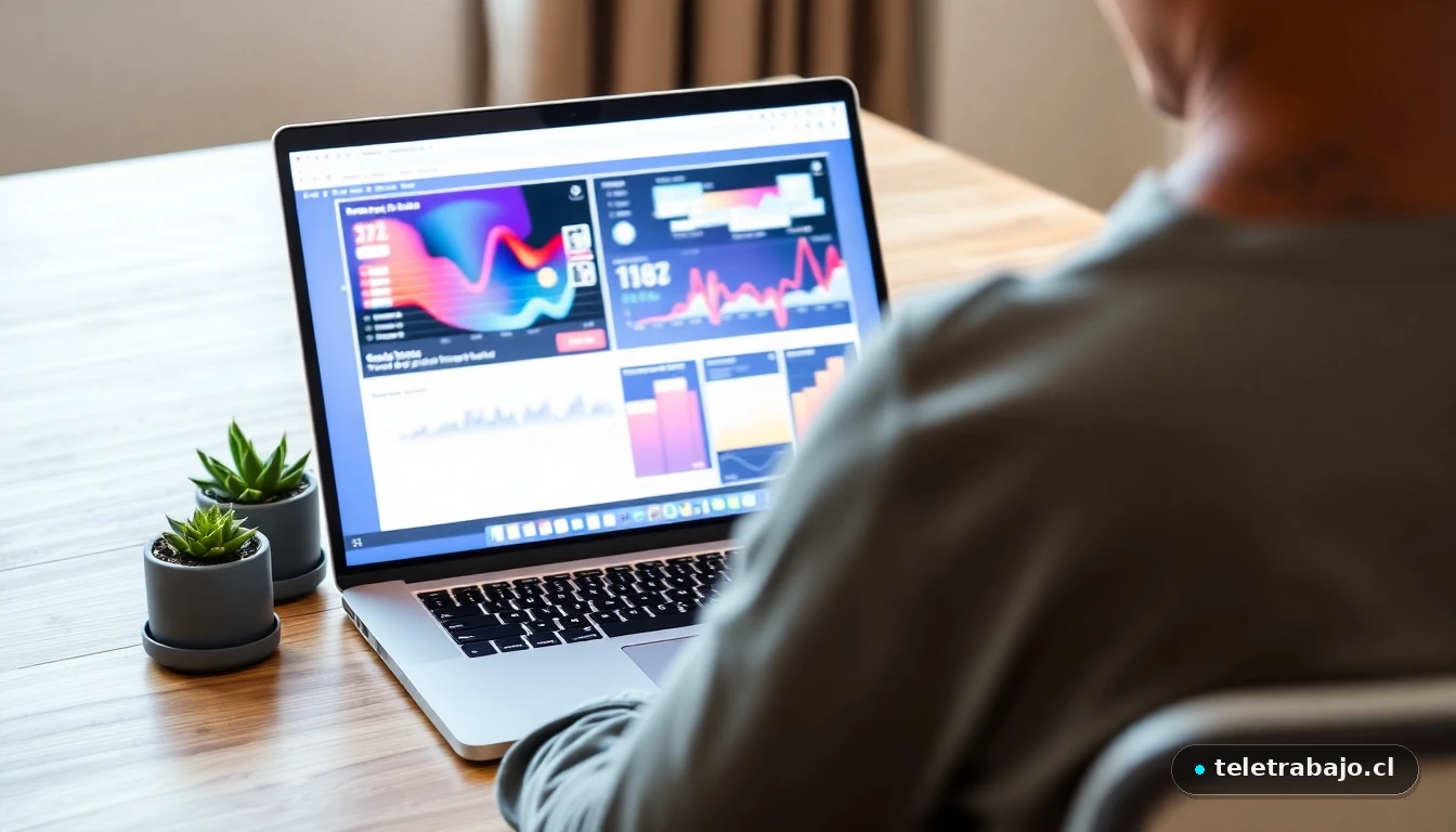 Persona preparándose para una entrevista de trabajo viendo datos en una laptop sobre un escritorio moderno