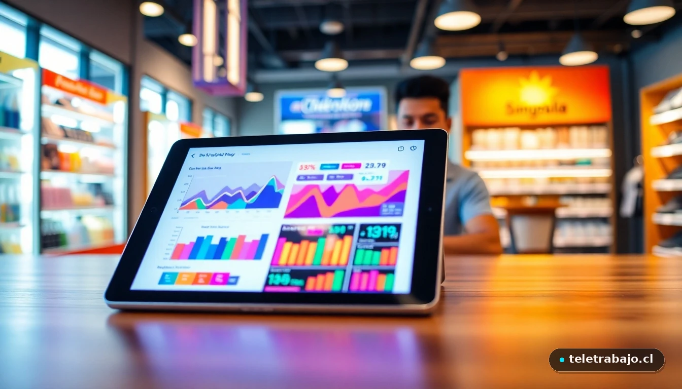Dependiente de tienda consultando tablet con gráficos de datos de ventas en un establecimiento moderno