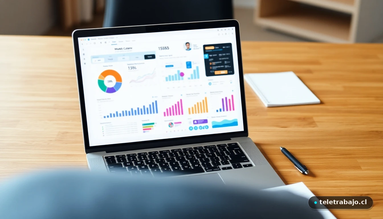 Persona evaluando datos de cultura empresarial en una laptop sobre un escritorio moderno