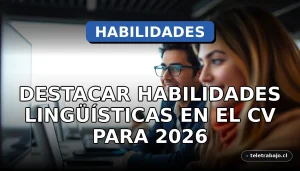 Un CV moderno abierto en una tablet sobre un escritorio de oficina, con iconos abstractos de idiomas y gráficos de colores en la pantalla.