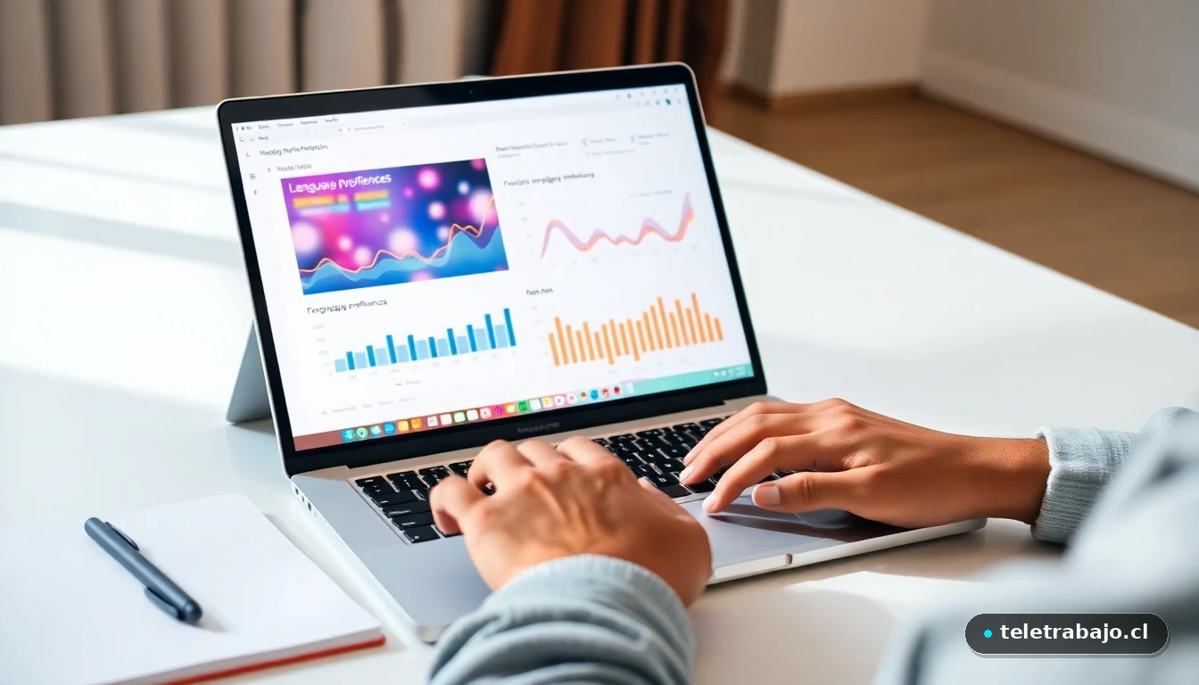 Escritorio moderno con visualización abstracta de niveles de idiomas en una pantalla de portátil
