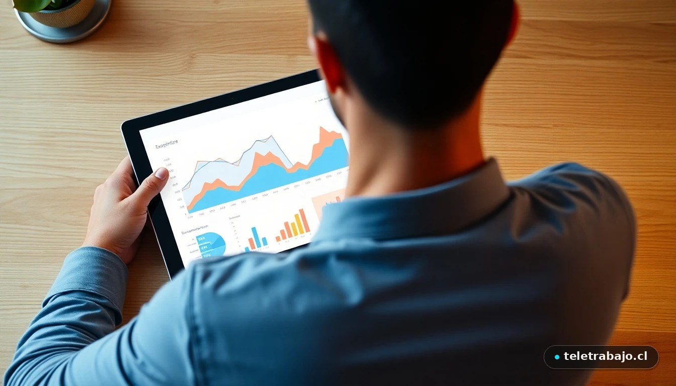 Gráficos abstractos de colores mostrando estadísticas de desempleo en una tableta, analizando el edadismo laboral.