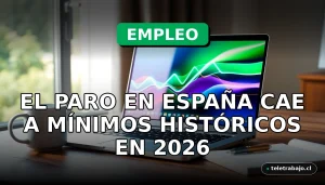 Gráfico abstracto de colores mostrando una tendencia de desempleo a la baja en una pantalla de ordenador, sobre un escritorio moderno.