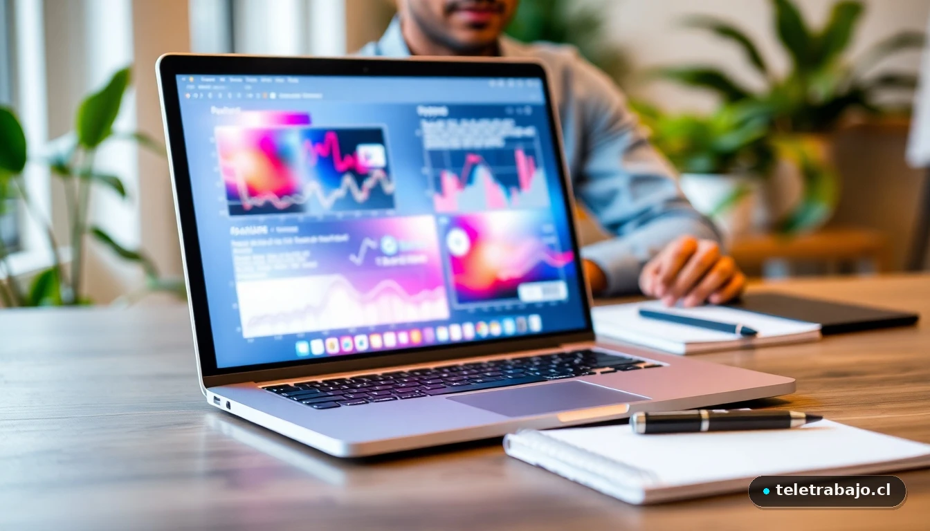 Portátil mostrando gráficos de datos sobre tendencias laborales y salarios en un escritorio moderno.