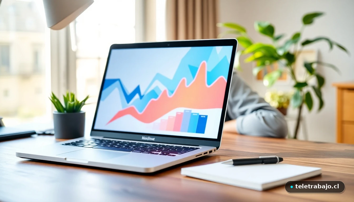 Escritorio moderno de home office con gráficos abstractos en la pantalla, representando la planificación para emprender.