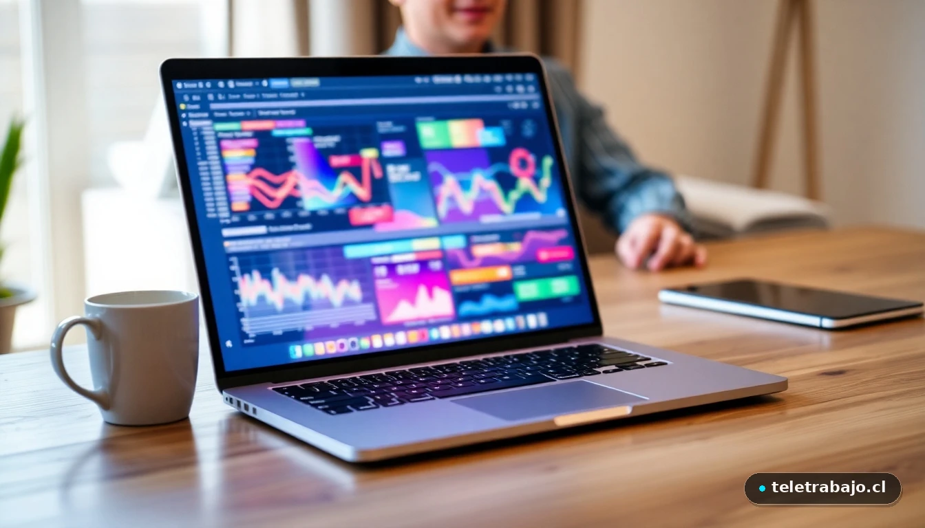 Oficina en casa moderna con portátil mostrando gráficos de datos abstractos, ideal para el teletrabajo.