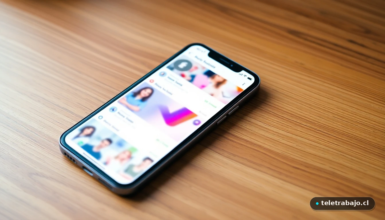 Smartphone mostrando una interfaz abstracta de búsqueda de empleo en redes sociales con gráficos de colores.