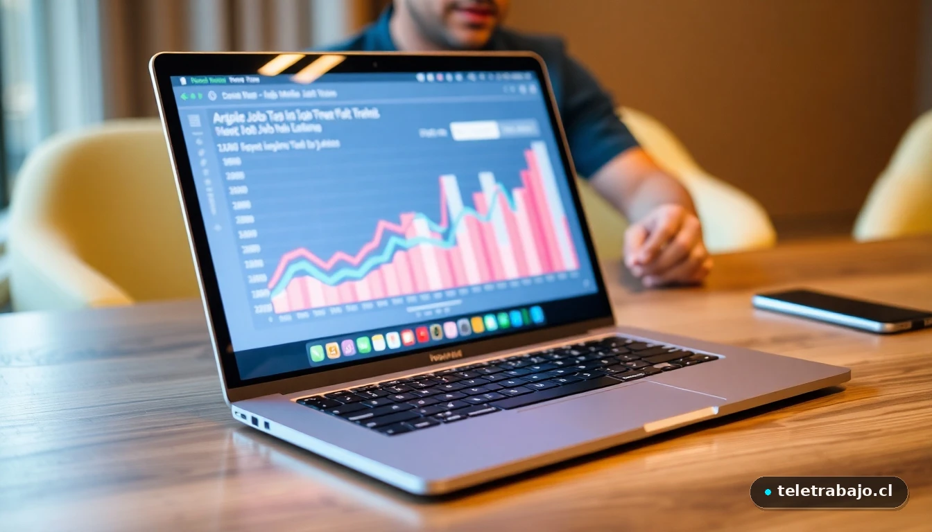 Joven profesional hispano analizando datos del mercado laboral en su portátil para encontrar práctica profesional.