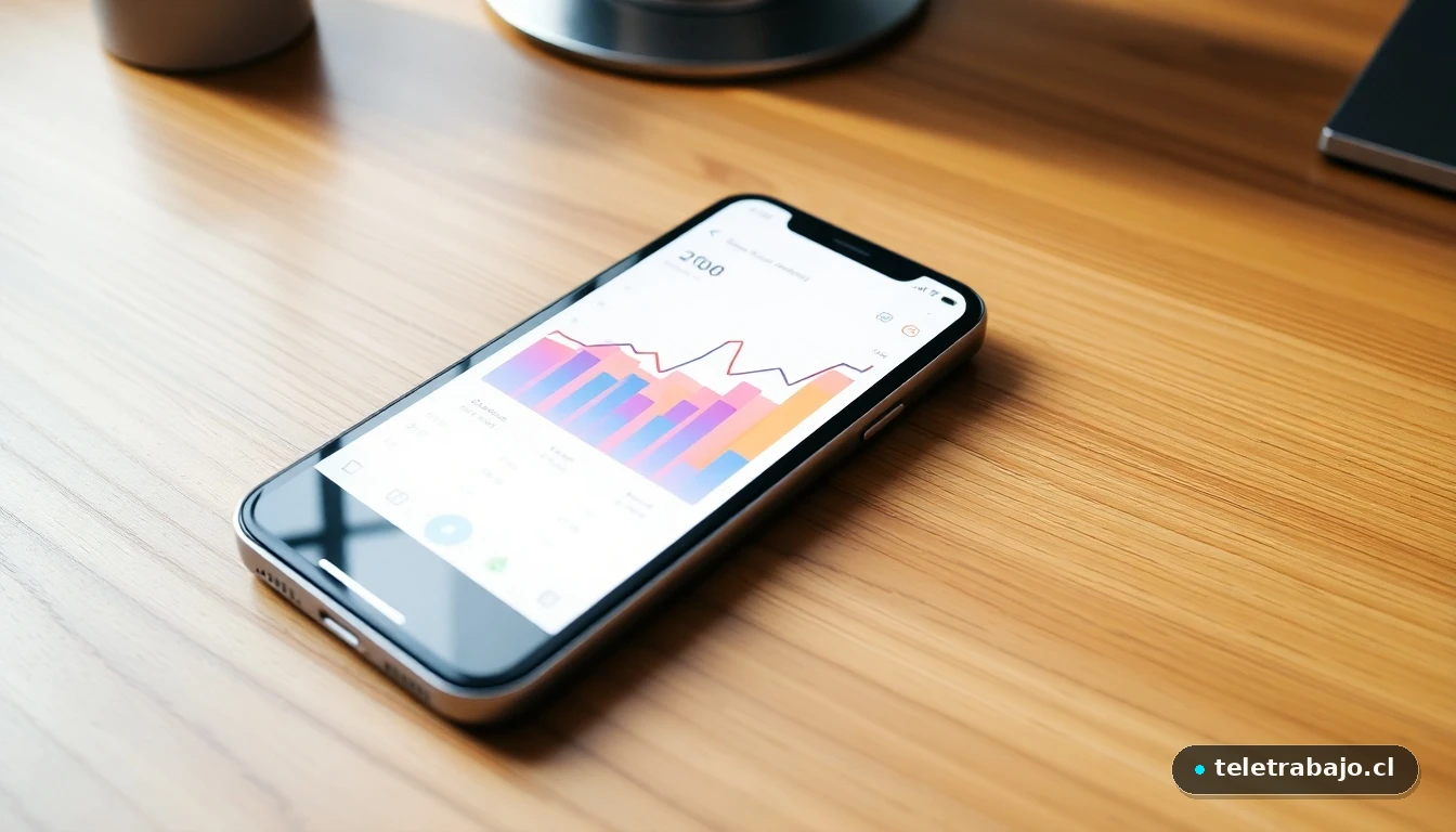 Smartphone moderno mostrando gráficos de análisis de búsqueda de empleo en un escritorio