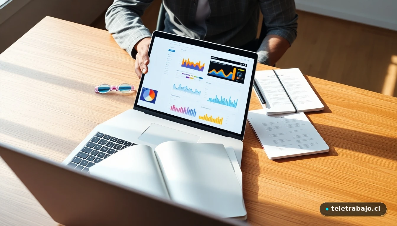 Profesional hispano analizando un mapa mental de habilidades y gráficos de datos en un portátil para encontrar su trabajo ideal.
