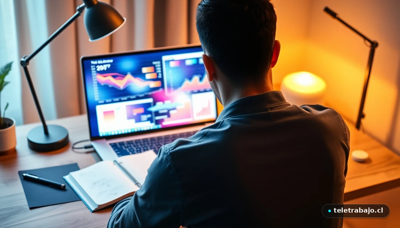 Joven hispano analizando gráficos de autodescubrimiento vocacional en portátil sobre escritorio de madera