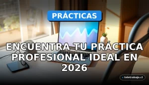 Un escritorio moderno de oficina en casa con un portátil mostrando gráficos abstractos, una silla ergonómica y plantas, ideal para encontrar prácticas profesionales.