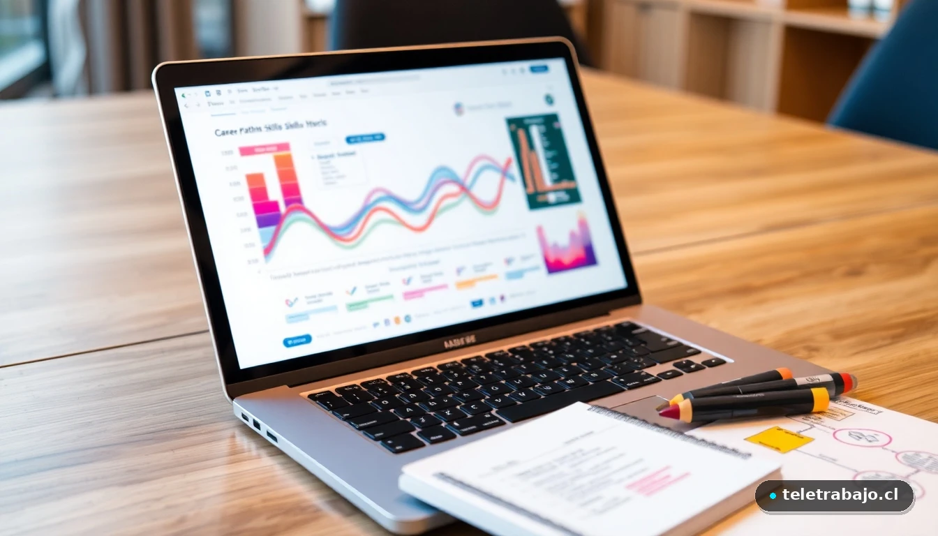 Laptop mostrando gráfico de compatibilidad entre habilidades e industrias para encontrar la práctica profesional perfecta