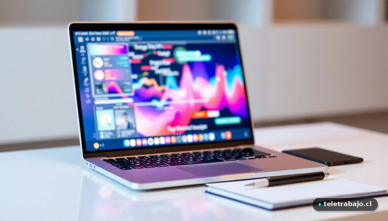 Escritorio moderno con laptop mostrando gráficos abstractos de colores, representando la preparación para una entrevista de trabajo.