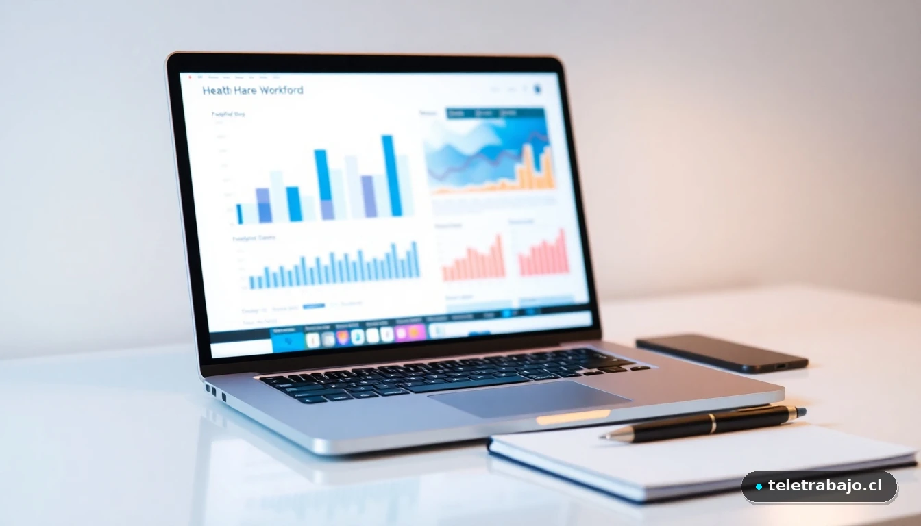 Gráficos abstractos de colores mostrando datos estadísticos sobre la falta de profesionales de enfermería en una pantalla de portátil.