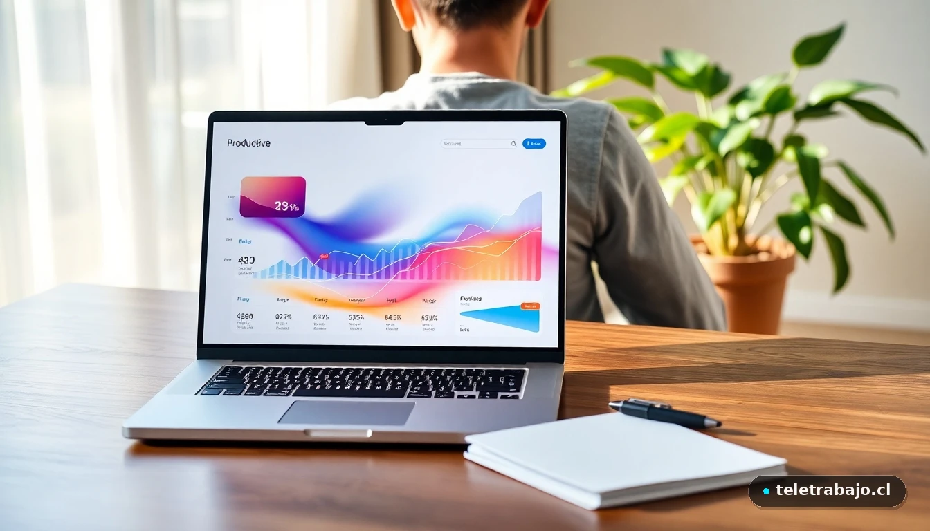 Escritorio moderno con laptop mostrando gráficos de productividad para la vuelta al trabajo