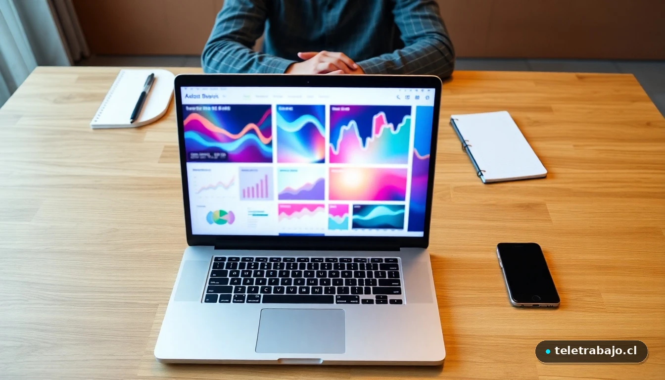 Persona planificando su estrategia de búsqueda de empleo en un portátil con gráficos de datos abstractos en la pantalla.