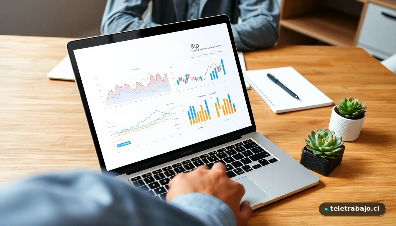 Escritorio moderno con laptop mostrando gráficos de datos, representando la planificación profesional estratégica.