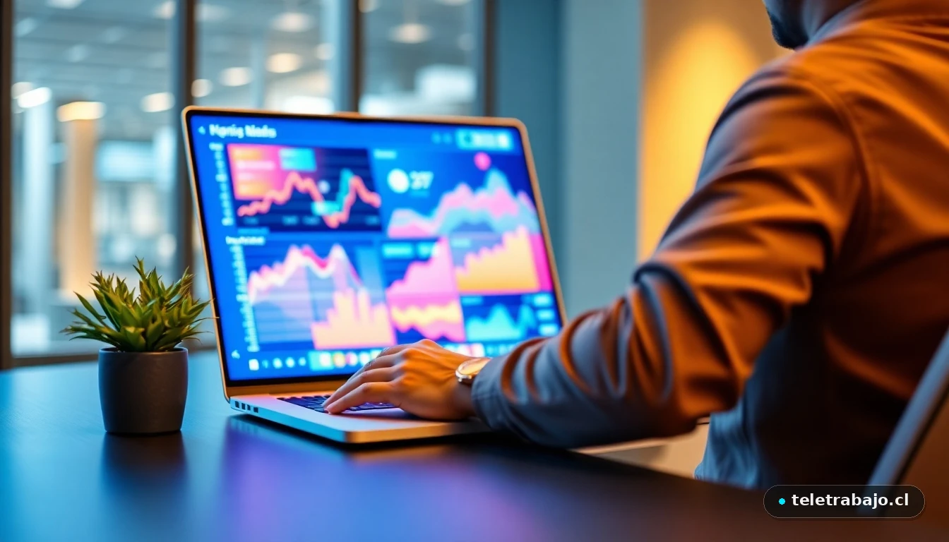 Laptop mostrando gráficos de datos sobre retención de talento en una oficina moderna