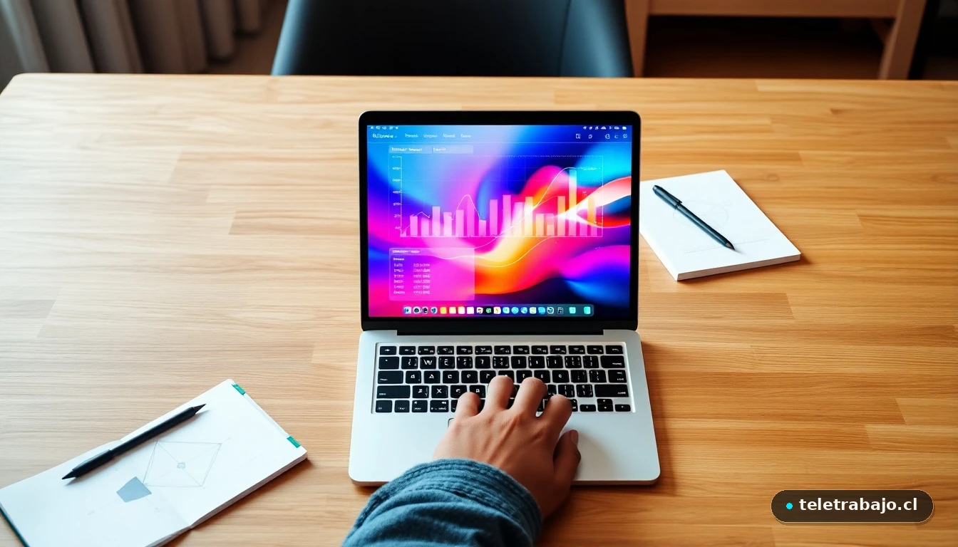 Espacio de trabajo moderno para un artista emprendedor con visualizaciones de datos creativas en pantalla.