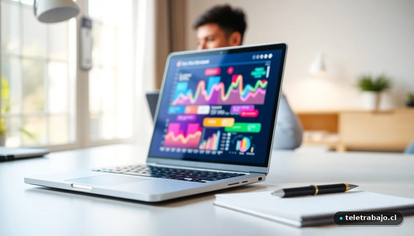 Escritorio moderno de home office con gráficos de datos abstractos en pantalla, representando la preparación para una entrevista.